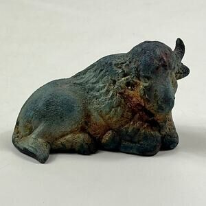 Raku Fired Bull Figurine Primitive Studio Pottery Ox Sculpture Handmade Art 4"